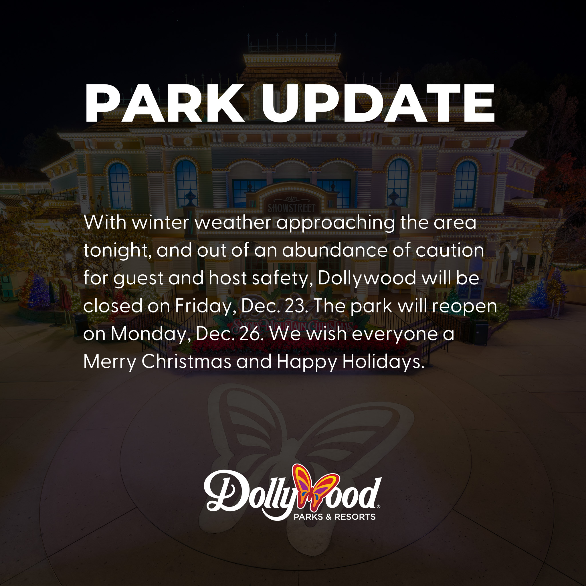 Dollywood closes park Dec. 23 due to anticipated winter weather 
